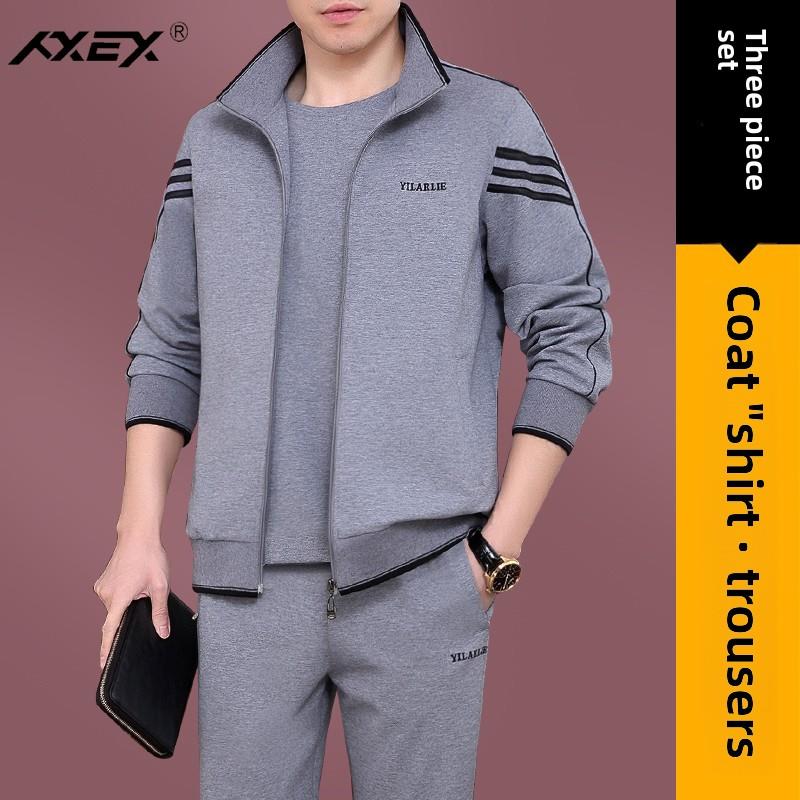 中老年运动套装男春秋季加绒三件套爸爸休闲宽松中年男士运动服