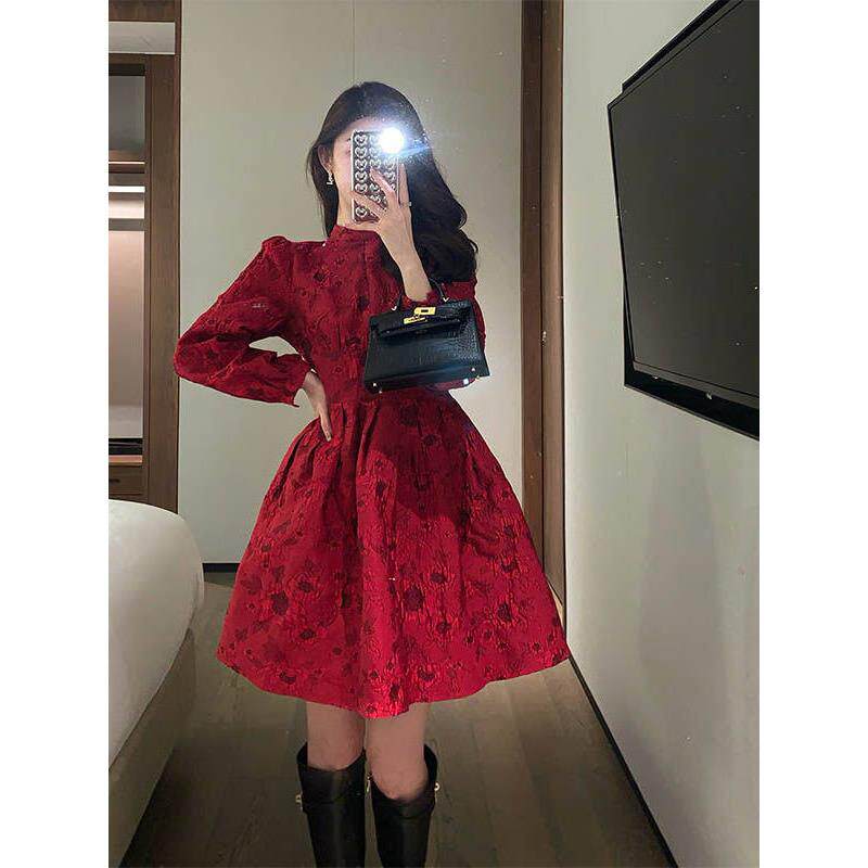 Capacity Kiss红色裙子敬酒服女赫本风订婚高级感连衣裙长袖春秋
