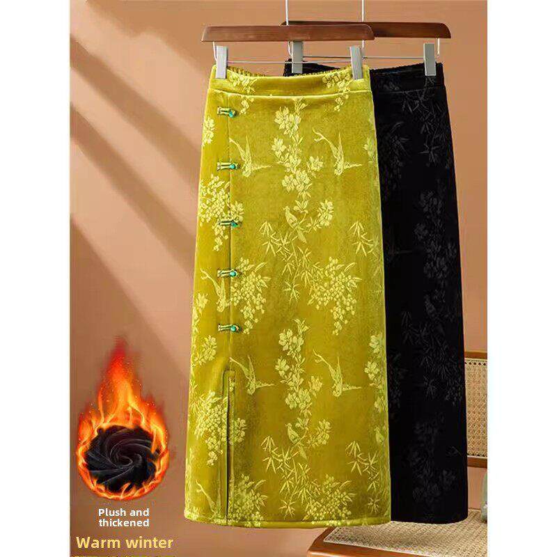 新中式金丝绒半身裙女秋冬季2025新款加厚国风中长款包臀半裙子