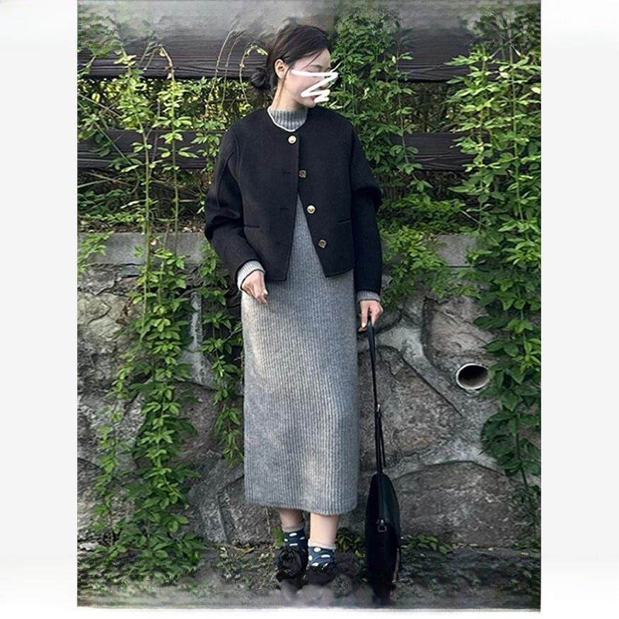 Rouje tusse羊绒灰色覆古针织毛衣连衣裙子女秋冬季羊绒套装长裙