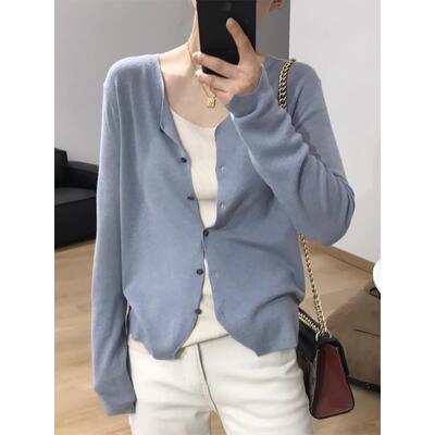 2025春秋新款高级感针织衫女设计感短款长袖上衣纯色V领薄款外套