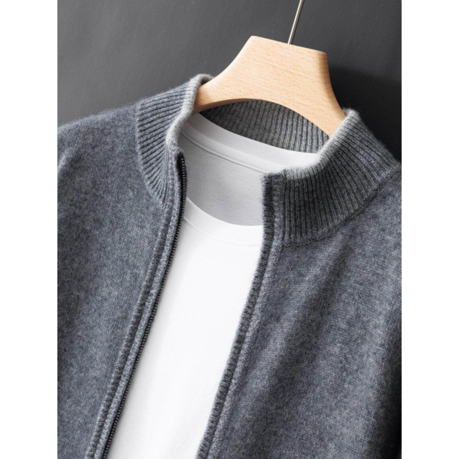 negro！100%纯羊绒开衫男立领拉炼拼色加厚毛衣休闲羊毛针织外套