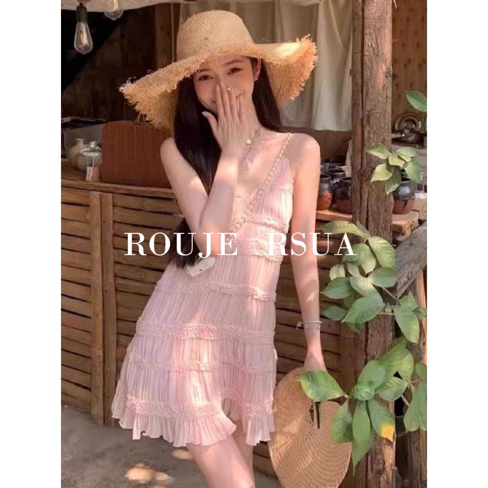 ROUJE RSUA法式海南超仙沙滩百褶短裙子女夏旅游粉色吊带连衣裙
