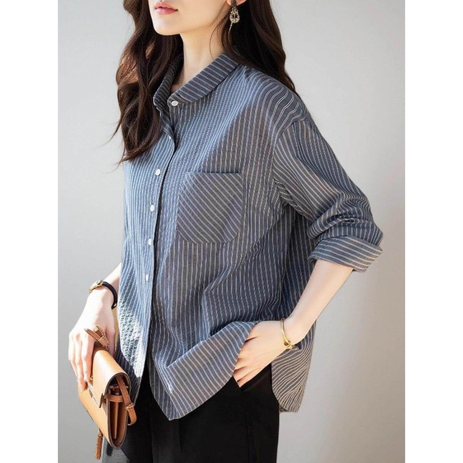 气质上衣港风覆古条纹长袖衬衫女士秋装新款宽松休闲叠穿衬衣百搭