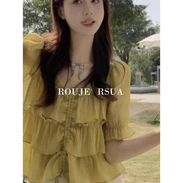 ROUJE RSUA法式荷叶边设计上衣雪纺衫女装遮肉显瘦上衣女夏季胖mm
