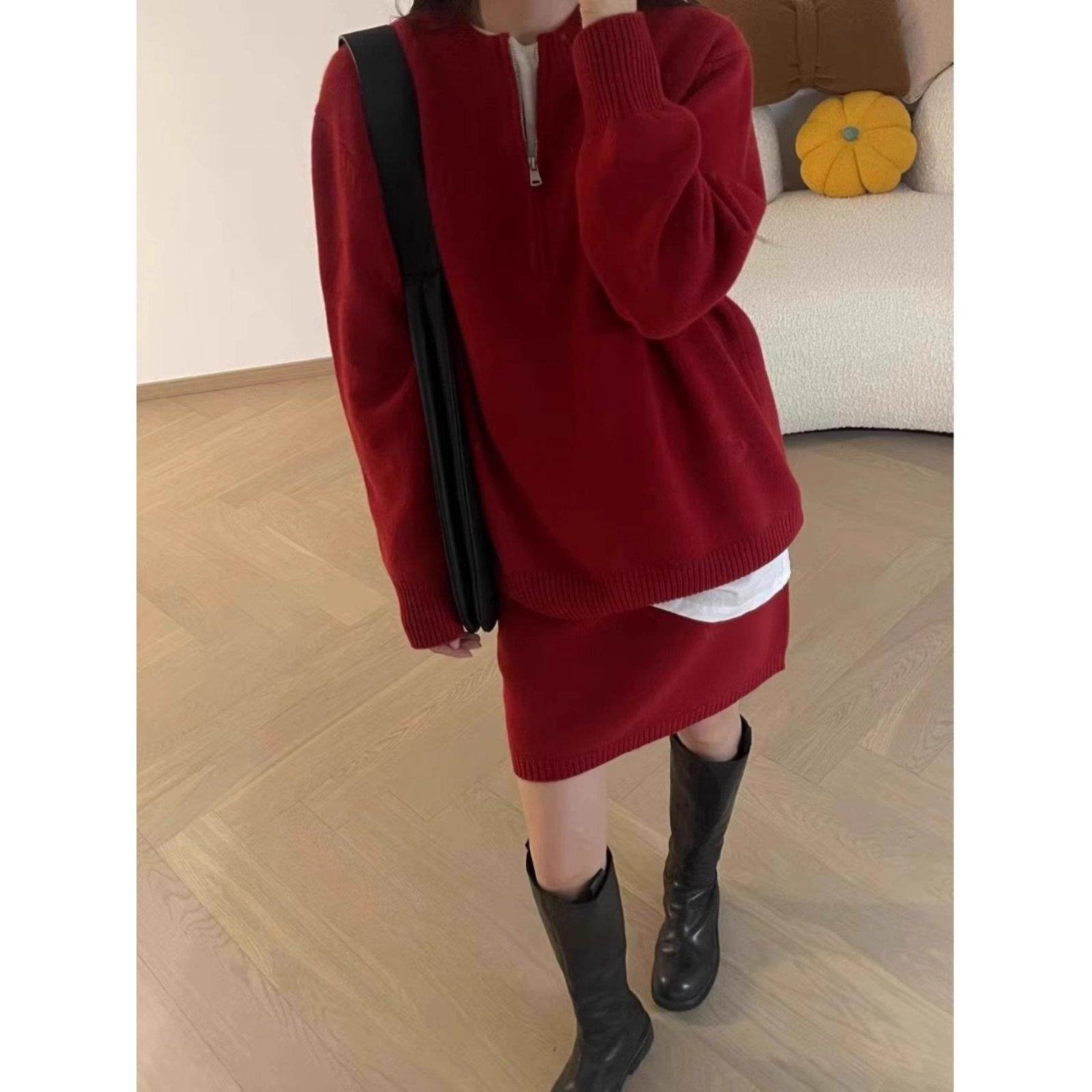 欧洲站2024新红色服装完整的新年服装套装女士针织毛衣裙子两件套