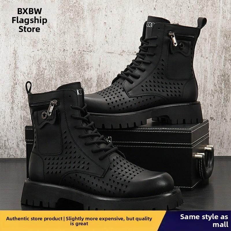 高端新款镂空马丁靴男鞋夏季透气薄款高帮机车靴子男士厚底内增高