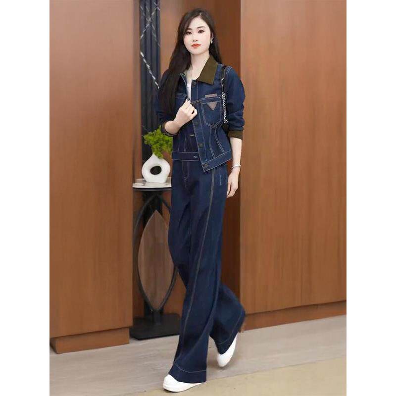 时尚休闲牛仔套装女2025秋季新款气质显瘦拼接短外套阔腿裤两件套