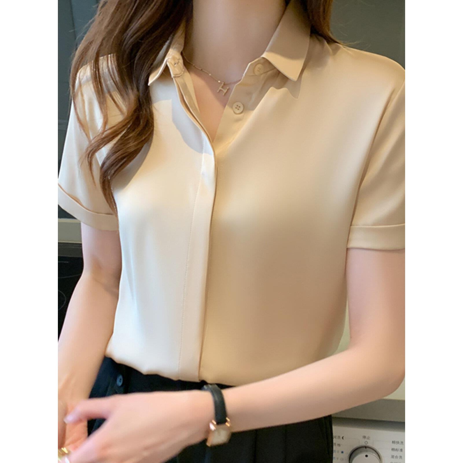 真丝缎面短袖衬衫女夏装2026年新款高端气质职业衬衣白色面试上衣