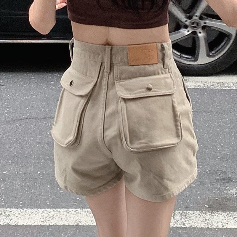 LYQ YRF浅卡其色牛仔短裤女夏季宽松工装短裤女小个子高腰薄款女