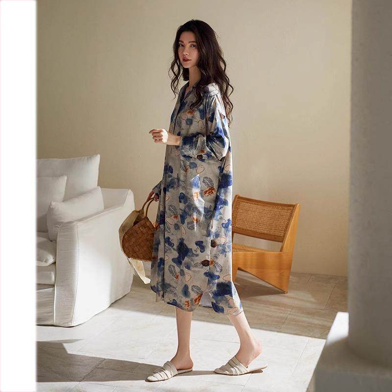 思念的墨~喜欢藏在细节里！莫代尔睡衣女长袖2025新款中长款睡裙