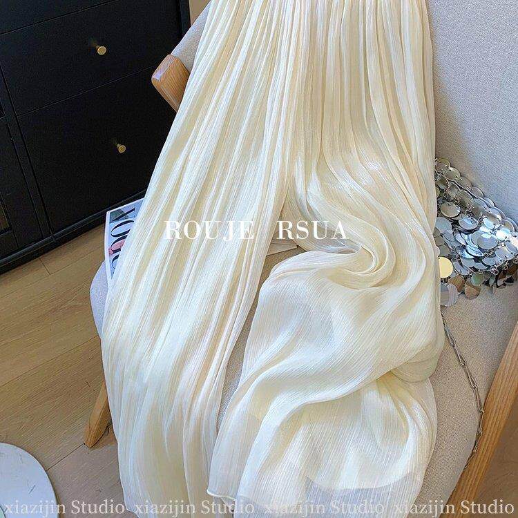 ROUJE RSUA法式薄纱雪纺阔腿裤女气质高级感垂感褶皱小个子裙裤