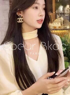 法国SOEUR BKAC春季优雅气质杏色缎面衬衫法式设计挂脖v领上衣女