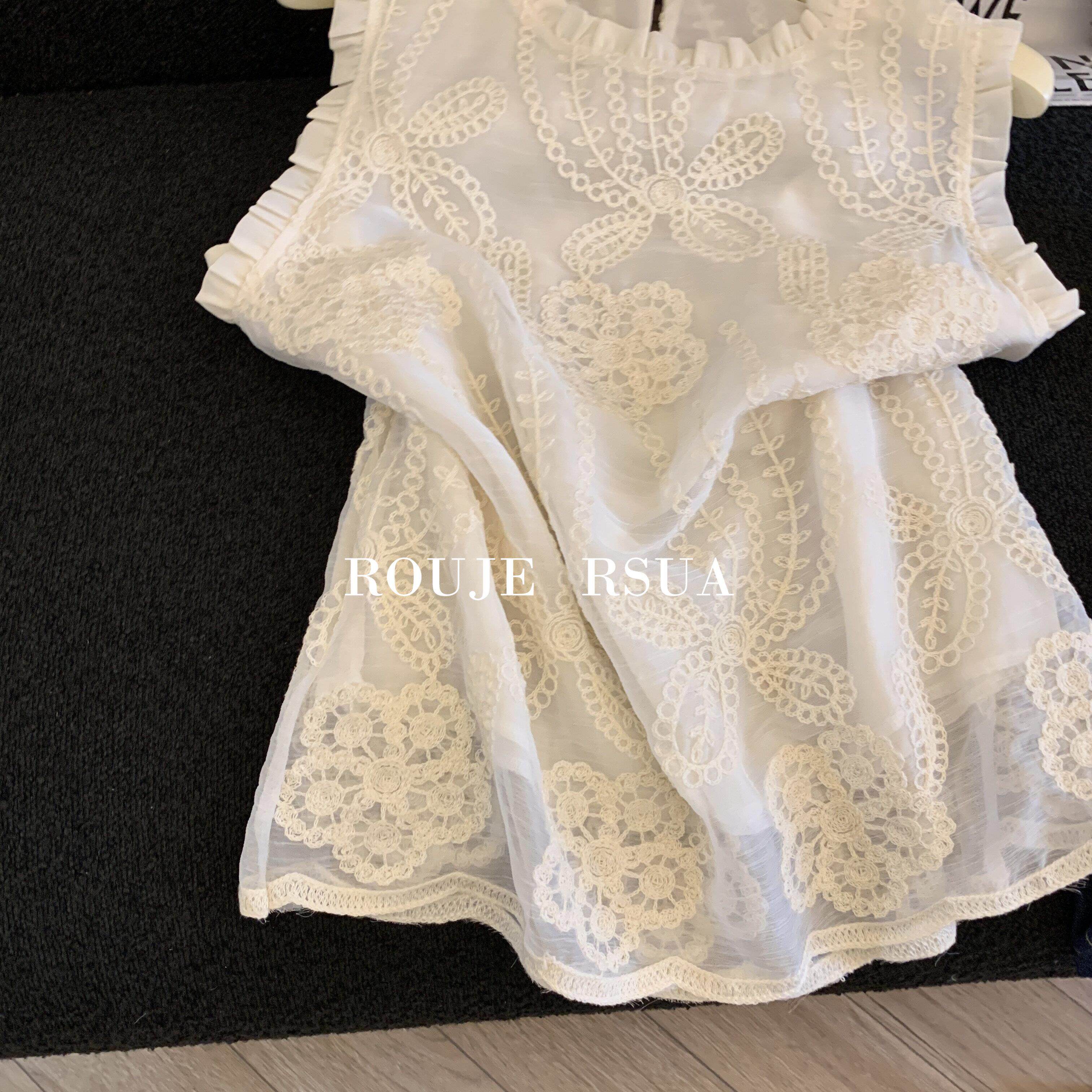 ROUJE RSUA法式薄款网纱上衣高级感重工刺绣无袖衬衫女夏雪纺背心