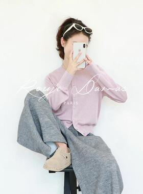 Rouje Damas初春季气质纯色圆领正肩羊绒针织开衫女 高腰短款上衣