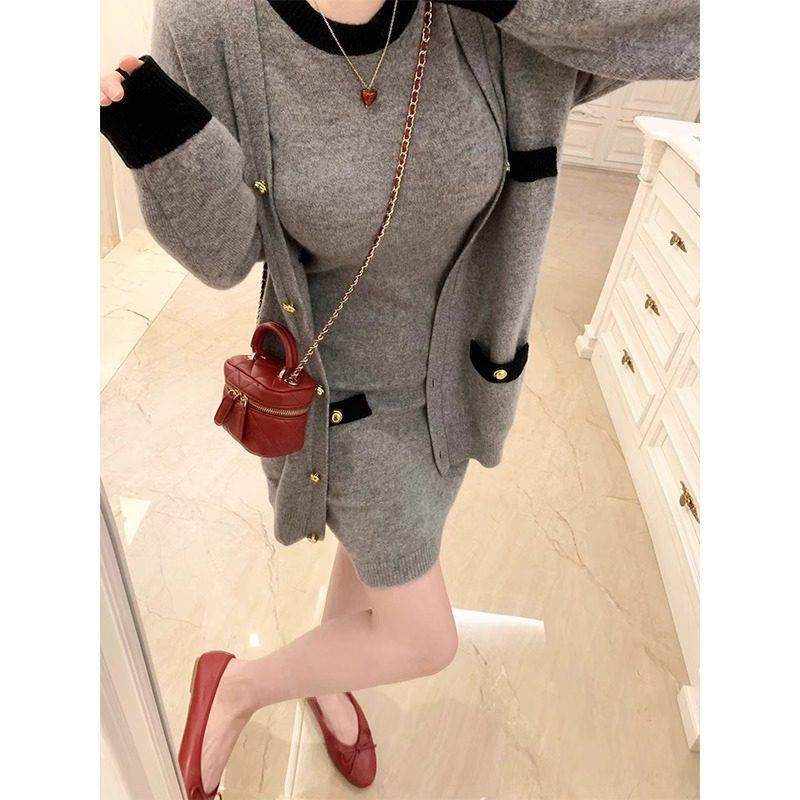 日系高级感小香风长袖针织衫外套女秋季新款法式修身连衣裙两件套