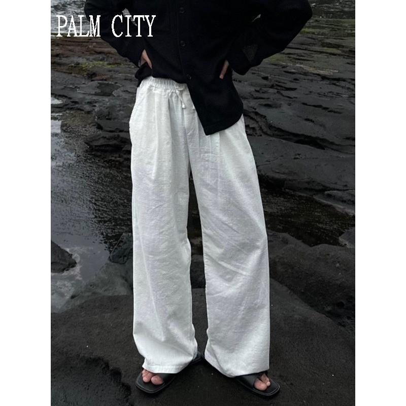 palm city「老钱风 松紧腰」棉麻拖地裤男夏季韩版宽松休闲长裤子