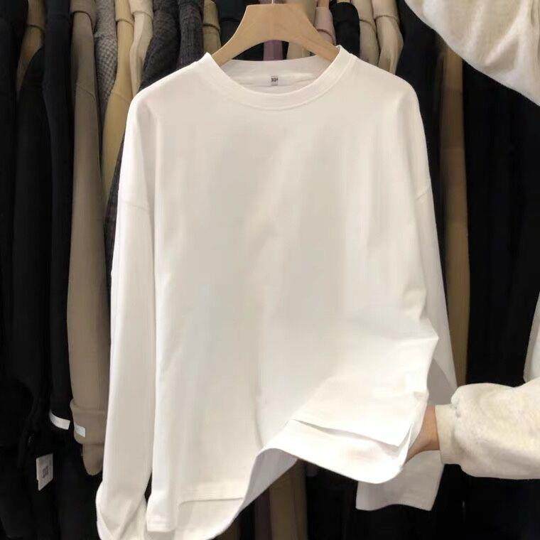 2025春秋新款白色纯棉T恤女长袖宽松显瘦开叉纯色百搭内搭打底衫