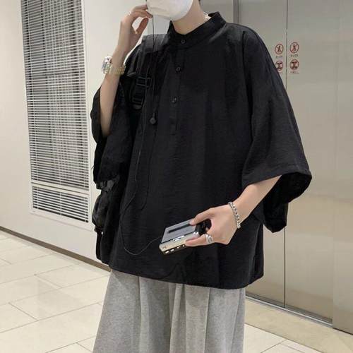 コーデュロの潮牌暗黑系诘襟短袖衬衫男日系蝙蝠袖polo衫半袖T恤