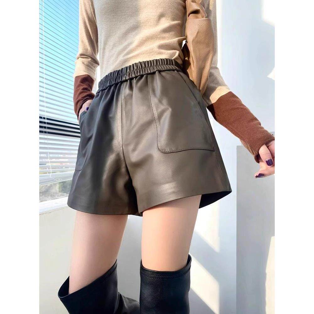 海宁真皮短裤女小个子2025年秋季新款绵羊皮高腰显瘦外穿阔腿靴裤