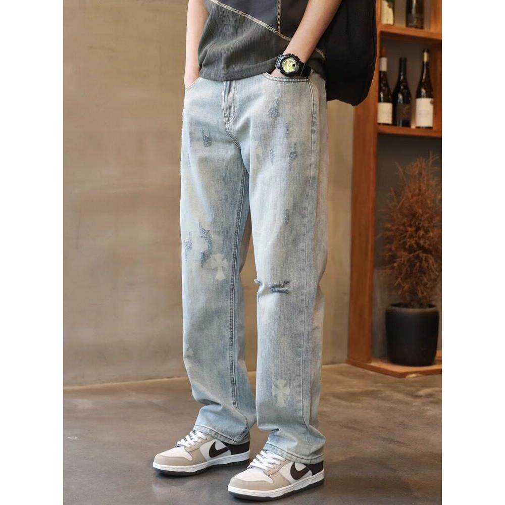 潮牌破洞牛仔裤男士直筒宽松裤子2025新款覆古美式休闲浅蓝色裤子
