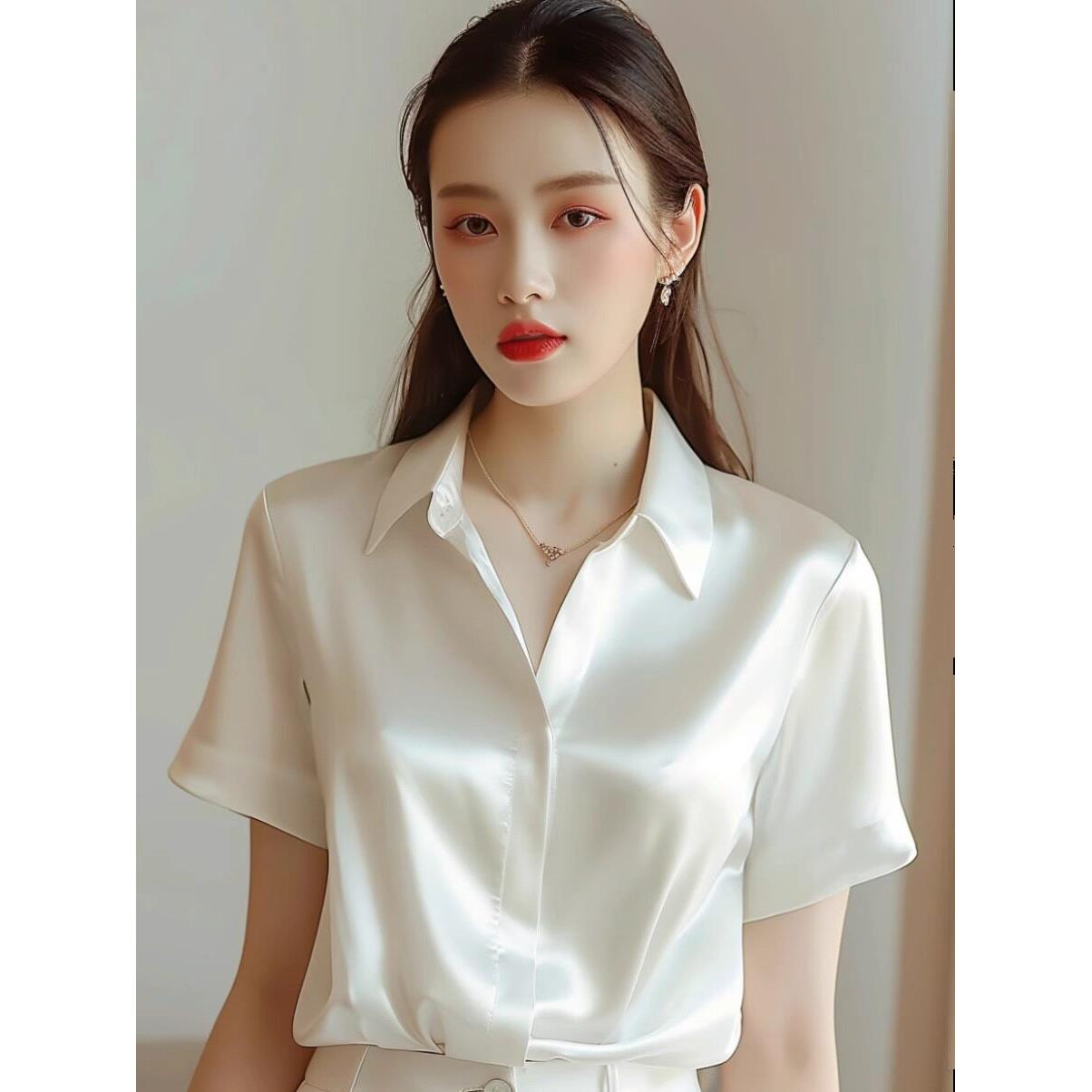 三醋酸丝缎白色短袖女衬衫2025新通勤桑蚕丝衬衫法国上衣