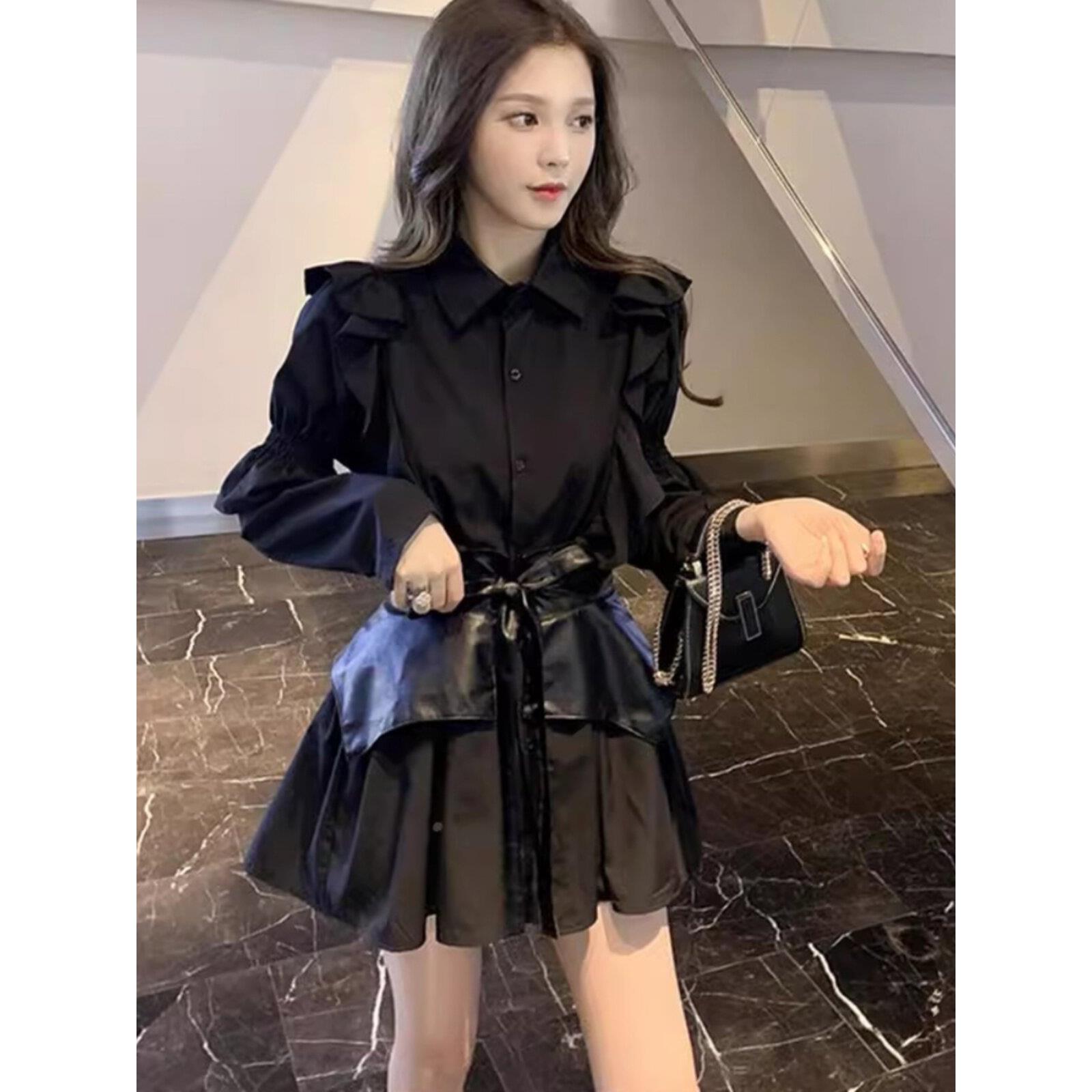 赫本风黑色长袖衬衫连衣裙女早春新款高级感气质收腰显瘦小黑裙子
