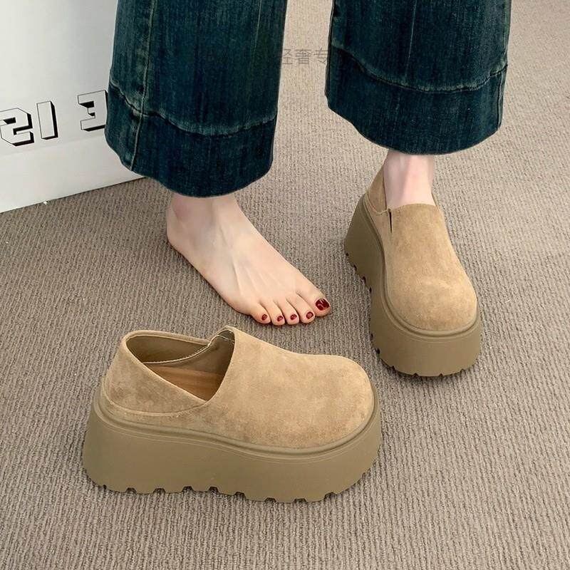 英国真皮厚底全包勃肯鞋女2025新款秋冬加绒增高两穿一脚蹬单鞋子