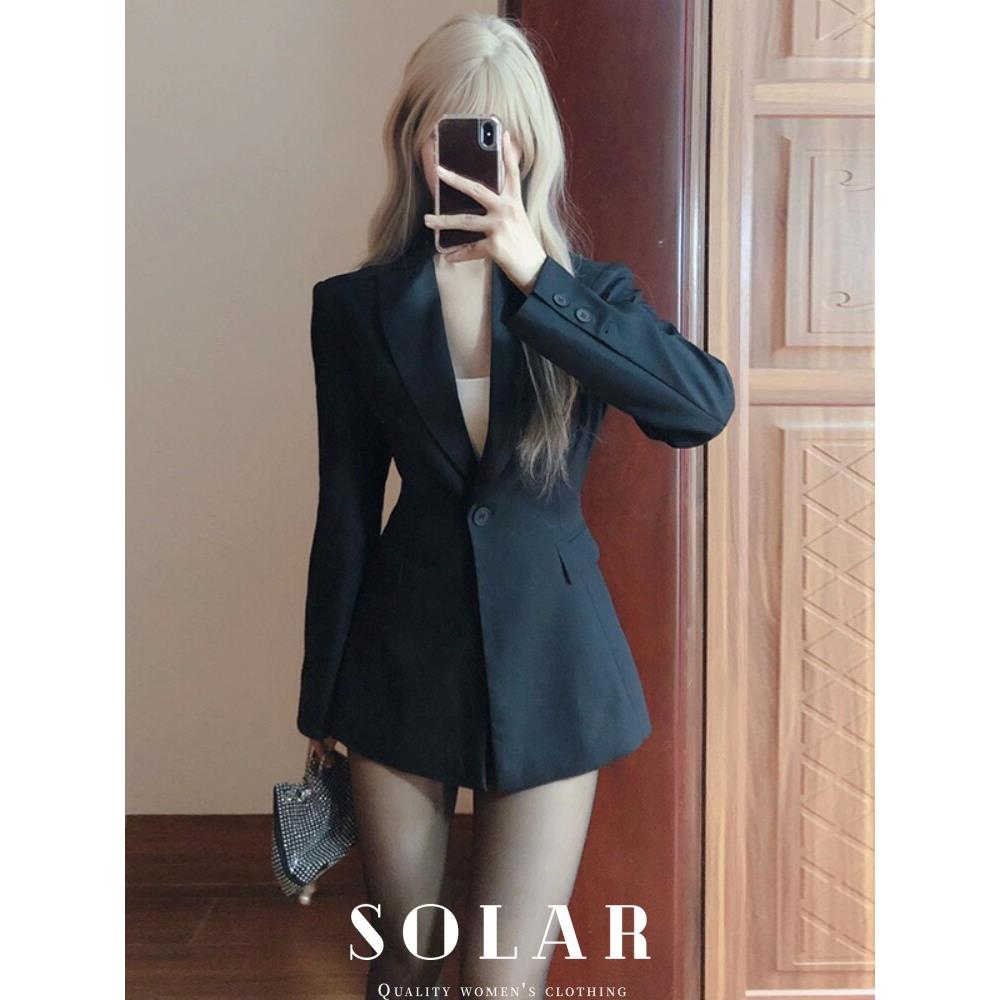SOLAR/韩版黑色西装外套女2025春秋新款收腰显瘦气质高级感小西服