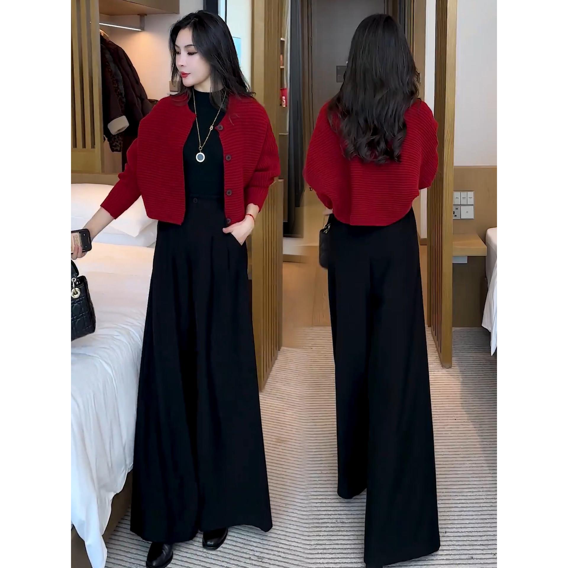 休闲时尚套装女春秋季新款百搭减龄针织毛衣开衫外套阔腿裤两件套