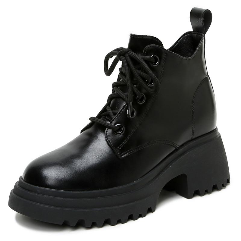 内增高马丁靴女2025年新款冬季单靴圆头粗跟真皮黑色小众爆款短靴