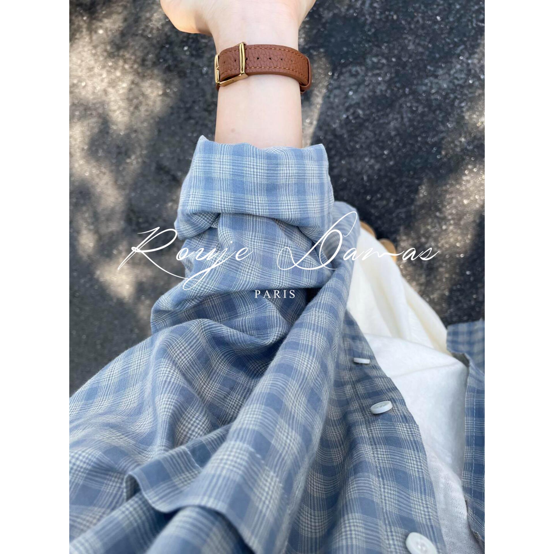 Rouje Dama法式蓝色格子长袖衬衫女宽松慵懒上衣百搭防晒衬衣外套