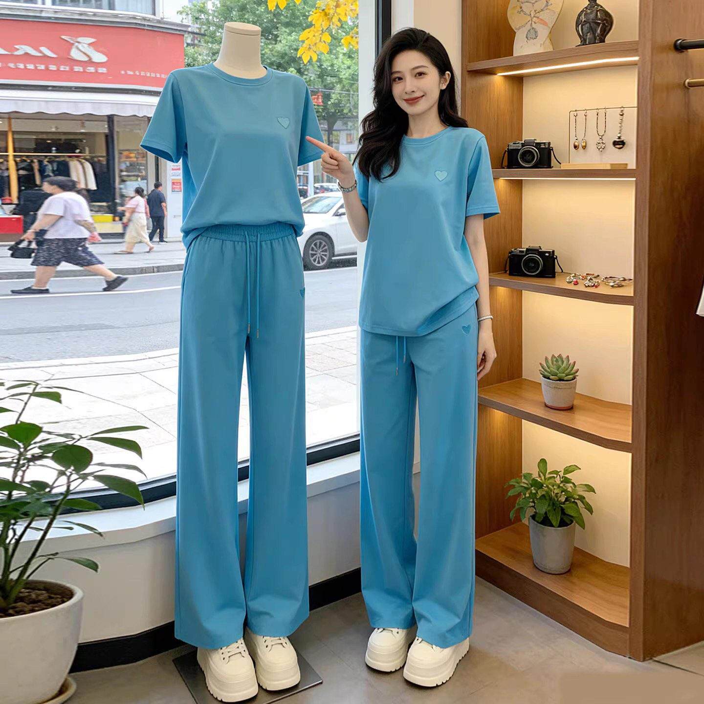 欧洲站休闲运动套装女2026新款夏季减龄显瘦慵懒短袖阔腿裤两件套