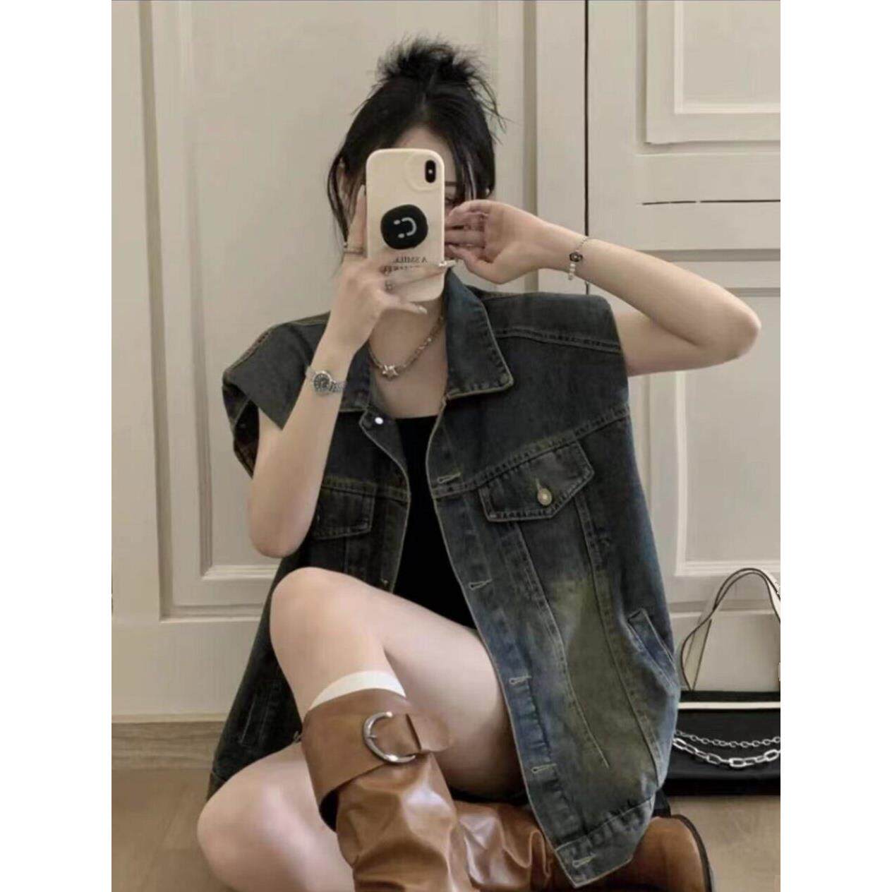 欧洲站覆古垫肩牛仔马甲女春秋新款宽松休闲洋气减龄百搭坎肩背心