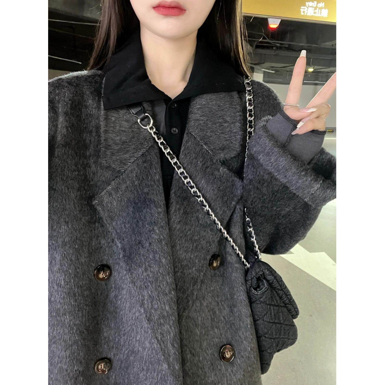 UU定制/2025冬黑灰色双面羊毛呢子大衣女小个子中长款毛呢外套ins