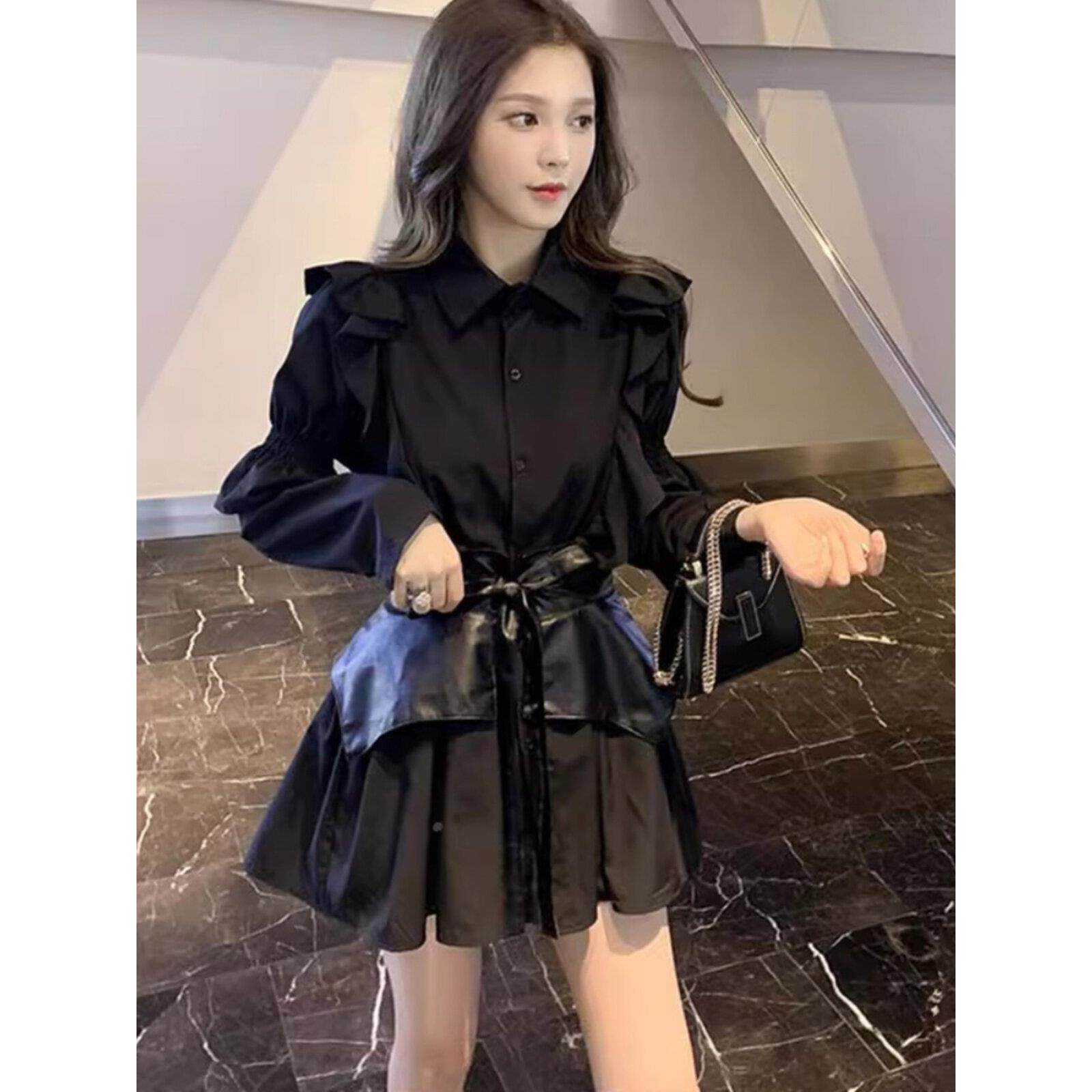 赫本风黑色长袖衬衫连衣裙女早春新款高级感气质收腰显瘦小黑裙子