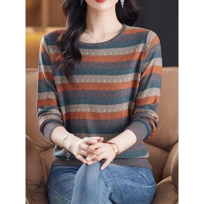 薄款春秋条纹长袖针织高级感T恤女2025新款套头妈妈女装打底上衣