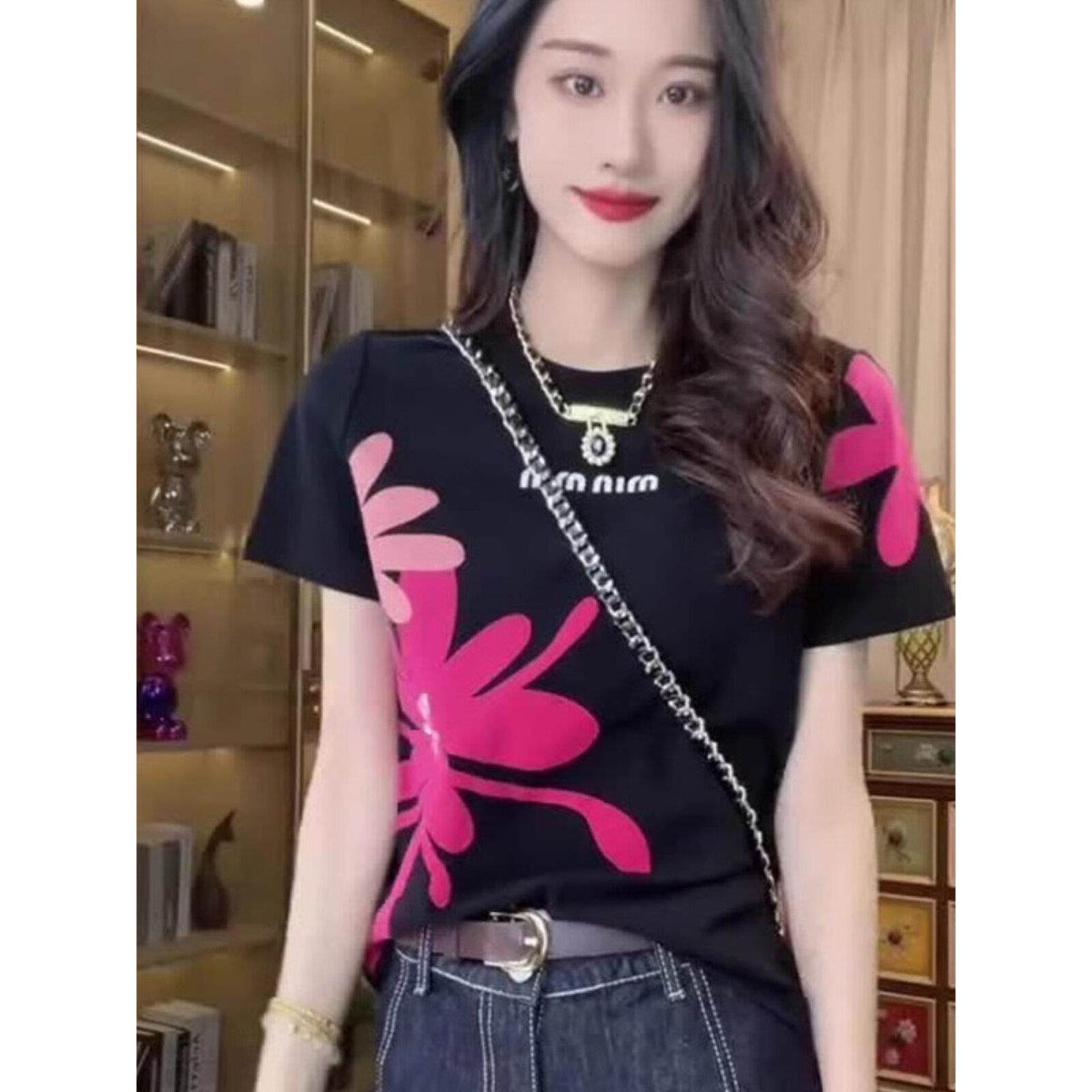 高级感时尚花卉印花短袖t恤女夏季新款独特气质百搭休闲上衣正肩