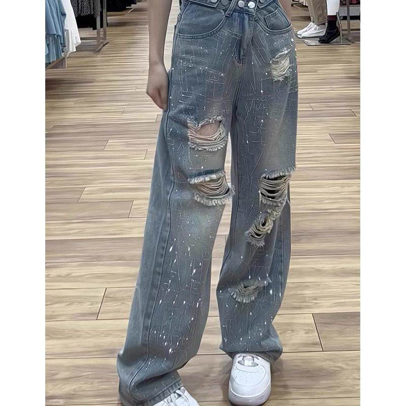 破洞牛仔裤女夏季薄款2025新款高腰直筒大码显瘦小个子拖地阔腿裤