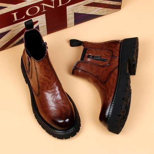 高端新款一脚蹬加绒马丁靴休闲短靴内增高切尔西男靴青年机车靴子