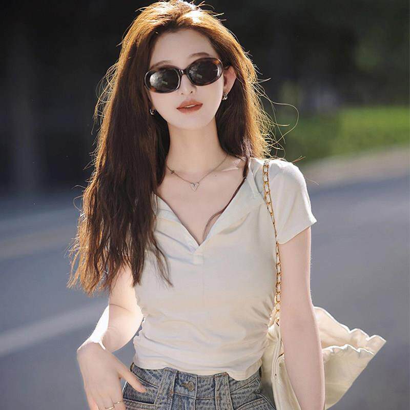 欧洲站美式纯欲V领白色短袖T恤女2026新款夏季纯棉修身短款上衣潮