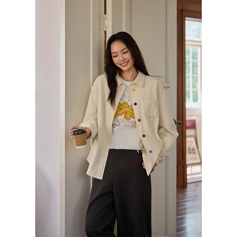 NEEXUN奈寻彩色扣子夹棉外套2025冬季新款衬衫宽松休闲简约百搭