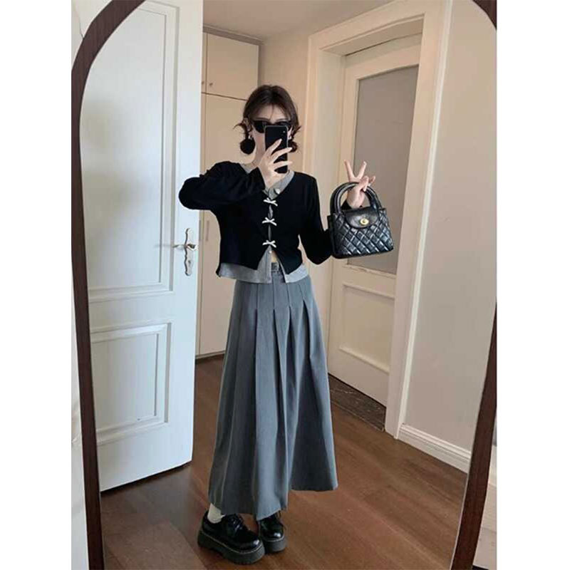 大码女装初春穿搭高级感套装假两件针织衫胖MM显瘦百褶裙子两件套