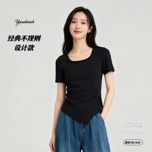 短袖T恤女下摆不规则设计修身