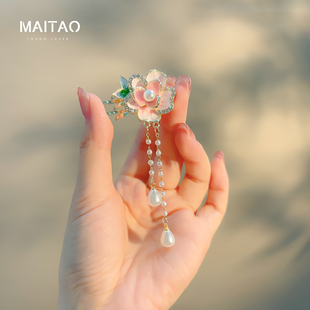 春夏新款 古风桃花流苏发夹女汉服头饰发卡侧边夹碎发鸭嘴夹刘海夹