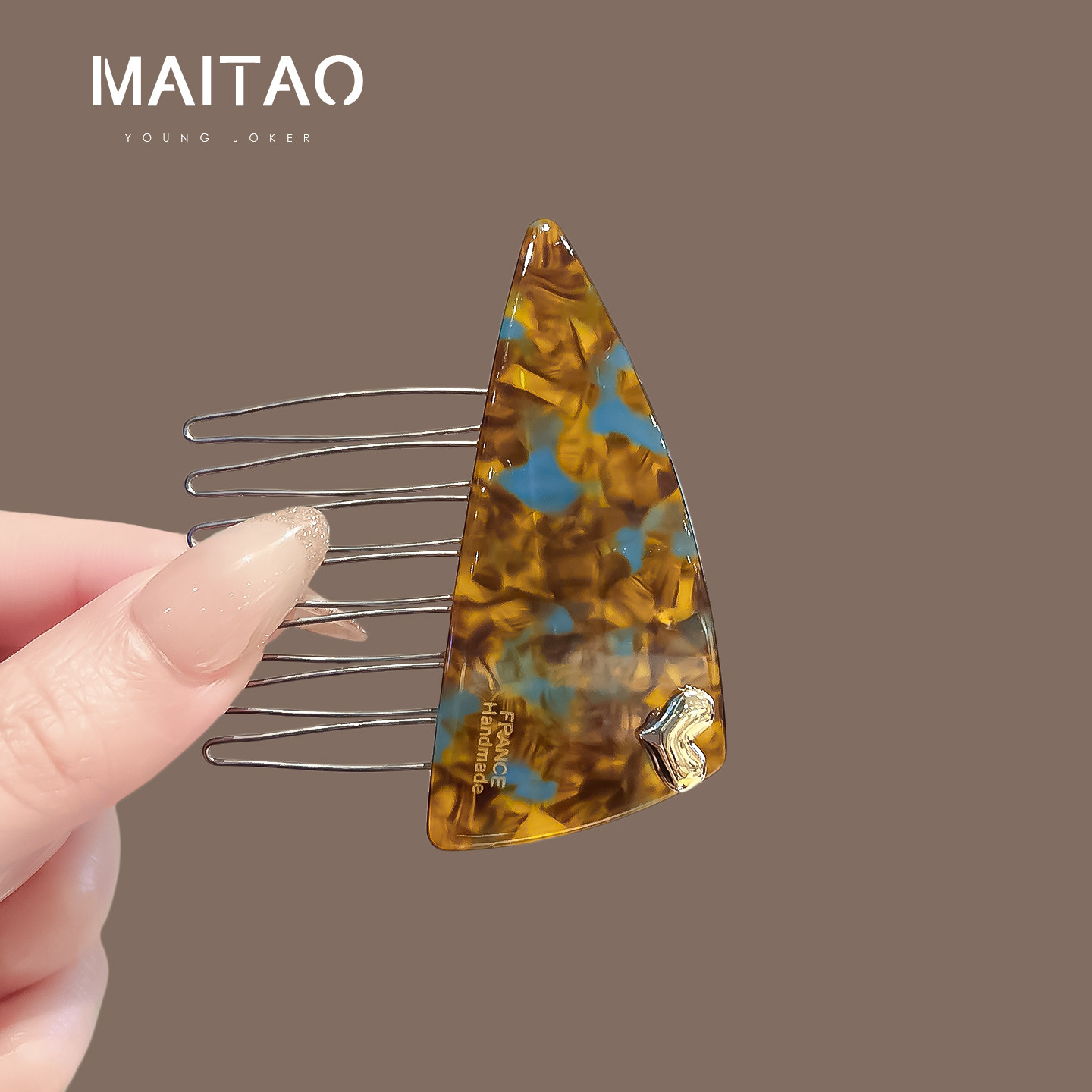 复古几何三角形发梳女透明琥珀色盘发倒插梳碎发刘海整理固定发饰