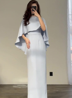 亚马逊欧美跨境2024年新款纯色缎面蝙蝠披肩气质收腰长袖连衣裙