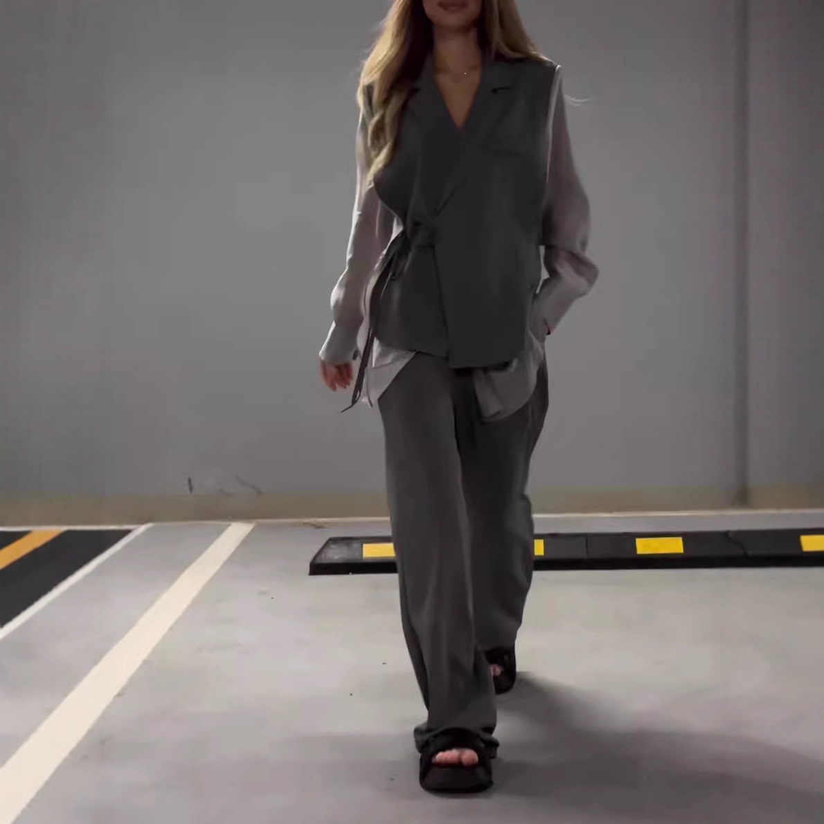 2024欧美外贸春夏新款女装雪纺拼接不规则系带外套上衣直筒裤套装