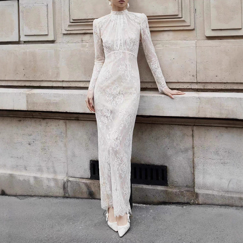 法式高级感立领长袖蕾丝透视收腰长裙2026春季新款纯色礼服连衣裙