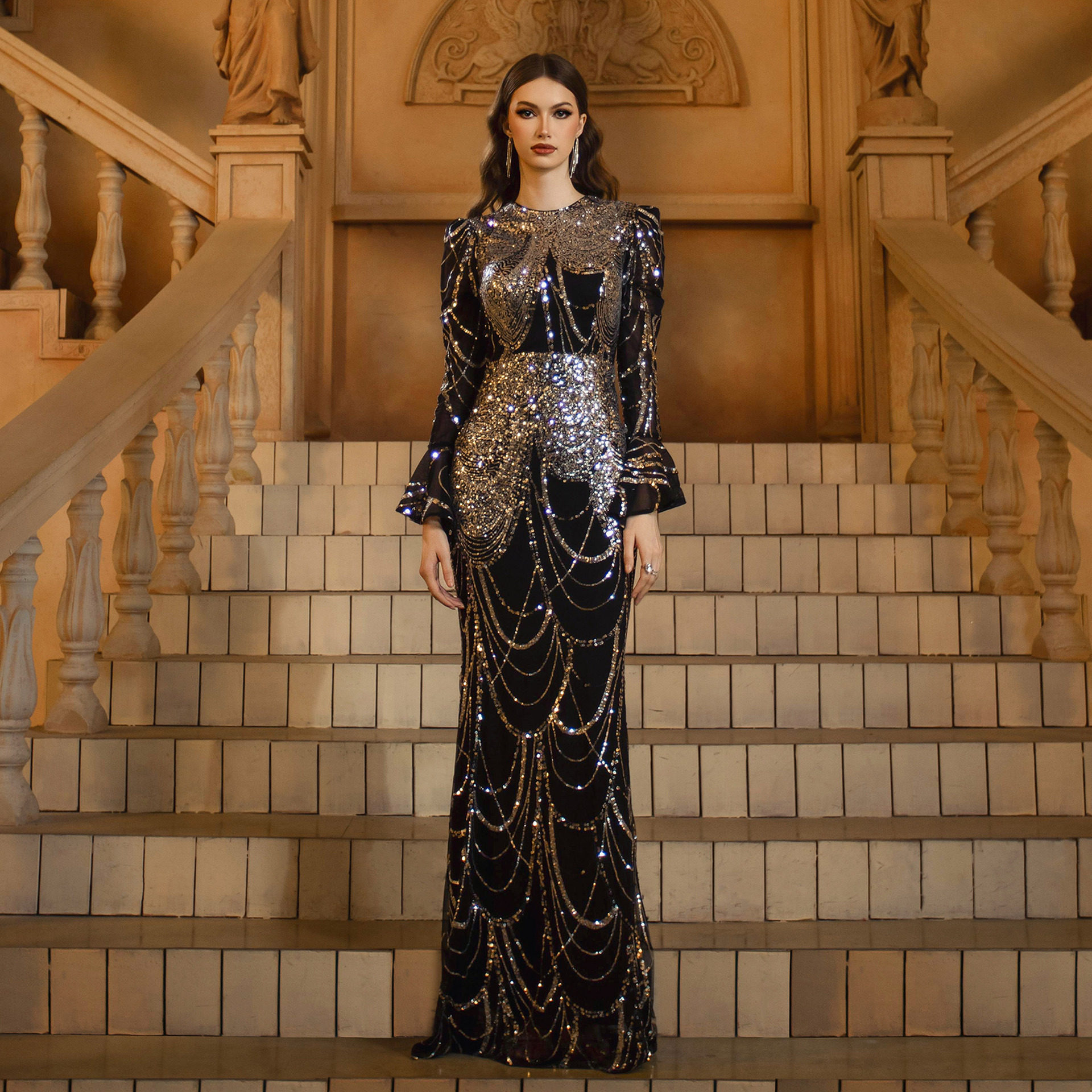 跨境欧美女装新款高级长袖圆领修身包臀亮片宴会鱼尾晚礼服连衣裙,女装/女士精品,连衣裙,淘宝优惠券,粉丝福利购,淘宝优惠卷